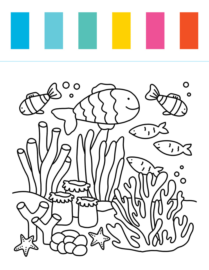 Discover the “I Heart Art Ocean Friends Watercolor Paint Pad” from Schiffer Publishing, Ltd.—a delightful black-and-white illustration of an underwater scene with five fish, coral, seaweed, a starfish, shells, and bubbles. Perfect for any kids’ watercolor paint pad or mess-free art kit! Six vibrant color squares are displayed at the top of the page.