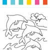Three dolphins leap above ocean waves with two birds soaring nearby. A setting sun glows near drifting clouds and distant trees in the background. At the top, six colorful rectangles—cyan, turquoise, teal, yellow, pink, and red—add a vibrant touch. This lively scene is perfect inspiration for young artists using the I Heart Art Ocean Friends Watercolor Paint Pad by Schiffer Publishing, Ltd., especially when exploring creativity with a mess-free art kit!.