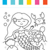 Black-and-white illustration by Schiffer Publishing, Ltd. for the “I Heart Art Ocean Friends Watercolor Paint Pad” featuring a cheerful mermaid with long hair alongside a crab, turtle, and open clam. Designed to spark creative journeys—ideal for any ocean-themed painting book or kids’ paint pad—with six colored rectangles at the top: two blue, one teal, one yellow, one pink, and one orange.