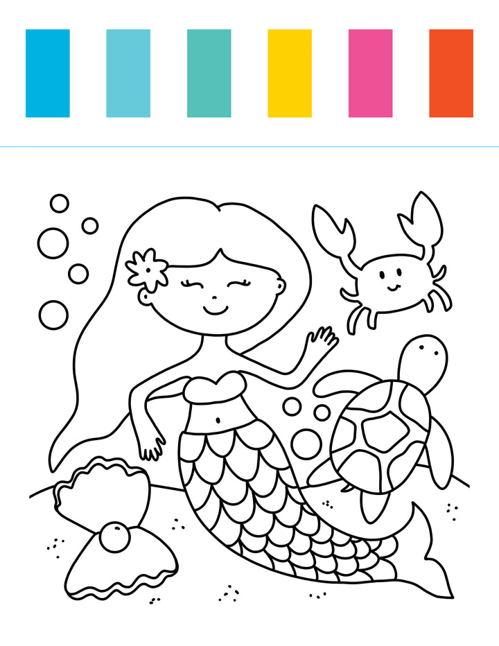 Black-and-white illustration by Schiffer Publishing, Ltd. for the “I Heart Art Ocean Friends Watercolor Paint Pad” featuring a cheerful mermaid with long hair alongside a crab, turtle, and open clam. Designed to spark creative journeys—ideal for any ocean-themed painting book or kids’ paint pad—with six colored rectangles at the top: two blue, one teal, one yellow, one pink, and one orange.