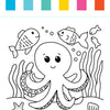 A cheerful coloring page from the I Heart Art Ocean Friends Watercolor Paint Pad by Schiffer Publishing, Ltd. features a smiling octopus surrounded by two large fish, two small fish, seaweed, a starfish, and a shell. Six color swatches—blue, teal, yellow, pink, and orange—appear above the scene. Perfect for inspiring creativity in your child’s ocean-themed painting activities while keeping art time fun and mess-free!.