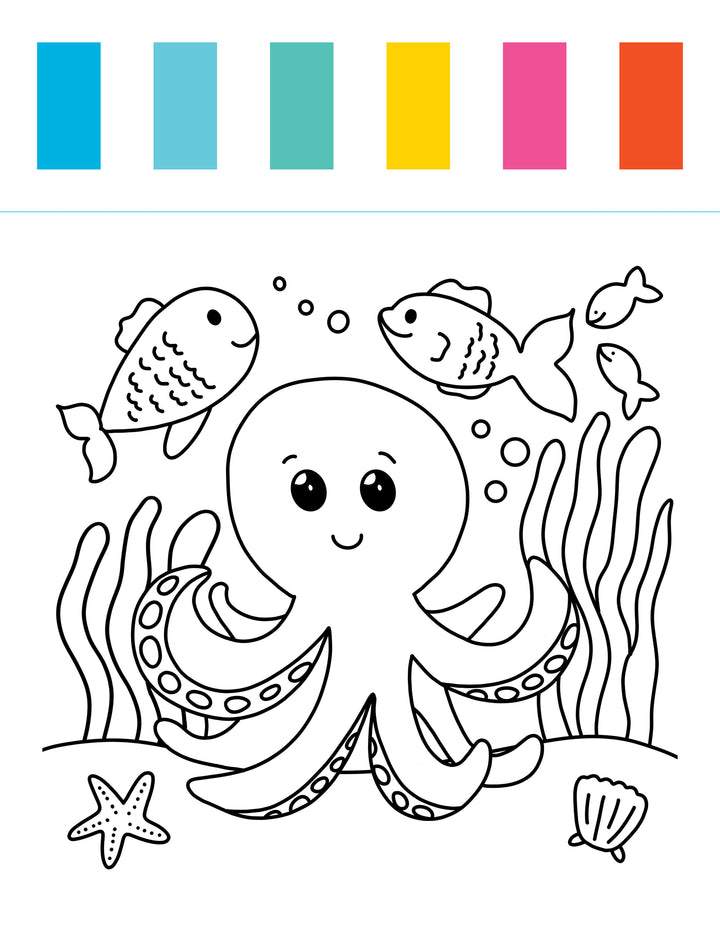 A cheerful coloring page from the I Heart Art Ocean Friends Watercolor Paint Pad by Schiffer Publishing, Ltd. features a smiling octopus surrounded by two large fish, two small fish, seaweed, a starfish, and a shell. Six color swatches—blue, teal, yellow, pink, and orange—appear above the scene. Perfect for inspiring creativity in your child’s ocean-themed painting activities while keeping art time fun and mess-free!.