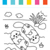 Two otters float on their backs in a river, holding paws, surrounded by rocks, grass, and clouds. Above them are six color swatches (blue, cyan, teal, yellow, pink, red) that make perfect inspiration for the I Heart Art Ocean Friends Watercolor Paint Pad by Schiffer Publishing, Ltd.
