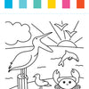 Discover the I Heart Art Ocean Friends Watercolor Paint Pad by Schiffer Publishing, Ltd.—a charming coloring page showcasing a pelican on a post, a crab, a seagull, a dolphin, and birds at the beach with the sun rising over the ocean. Perfect for young artists and your next watercolor project! Six colored rectangles appear at the top to spark creative inspiration.
