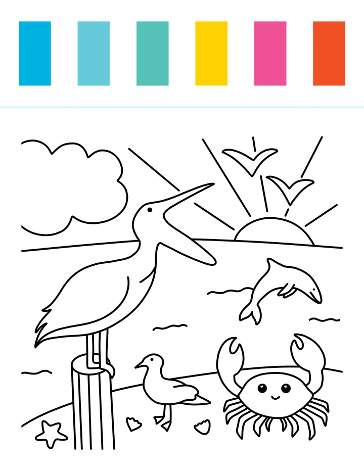 Discover the I Heart Art Ocean Friends Watercolor Paint Pad by Schiffer Publishing, Ltd.—a charming coloring page showcasing a pelican on a post, a crab, a seagull, a dolphin, and birds at the beach with the sun rising over the ocean. Perfect for young artists and your next watercolor project! Six colored rectangles appear at the top to spark creative inspiration.