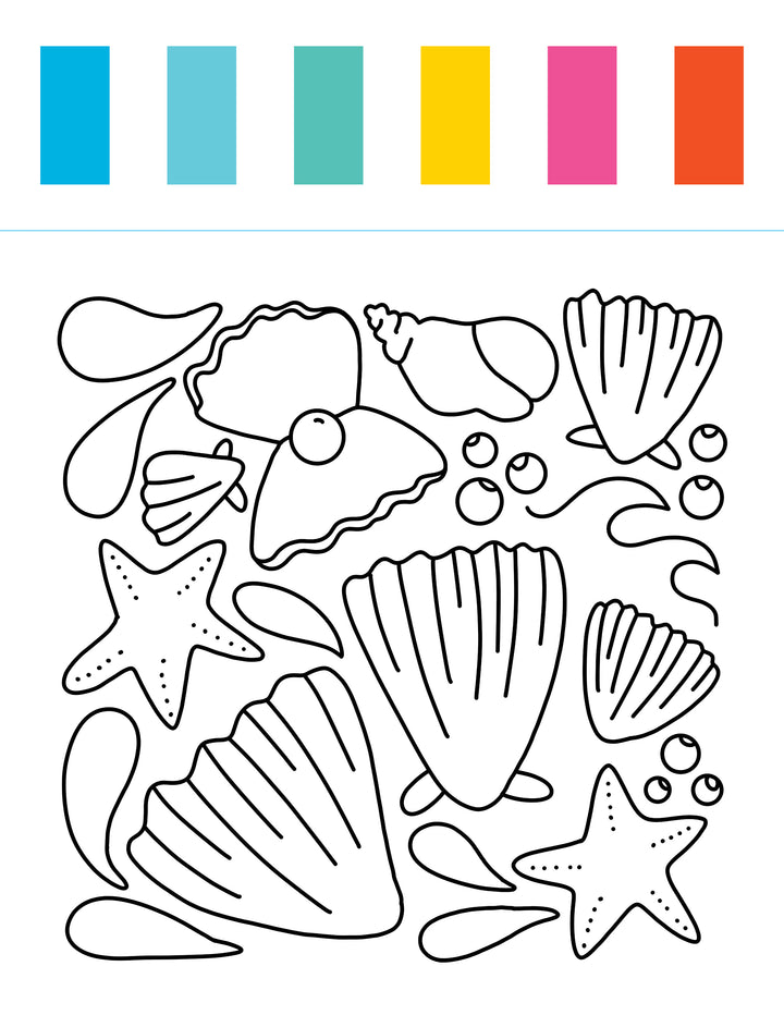 Dive into creativity with the I Heart Art Ocean Friends Watercolor Paint Pad by Schiffer Publishing, Ltd.! This mess-free art kit features a coloring page filled with seashells, starfish, water droplets, and small round shapes. Five vibrant rectangles—blue, teal, turquoise, yellow, and pink—sit above the design to inspire your watercolor masterpieces. Perfect for aspiring artists and ideal for exploring undersea wonders!.