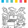 Dive into an underwater scene featuring fish, a crab, seaweed, and a treasure chest surrounded by gems and shells on the sandy ocean floor. Six vibrant color swatches (blue, teal, green, yellow, magenta, red) line the top—making this the perfect page from the I Heart Art Ocean Friends Watercolor Paint Pad by Schiffer Publishing, Ltd. for pairing with your child’s watercolor paints or mess-free art kit in a delightful ocean-themed painting adventure.