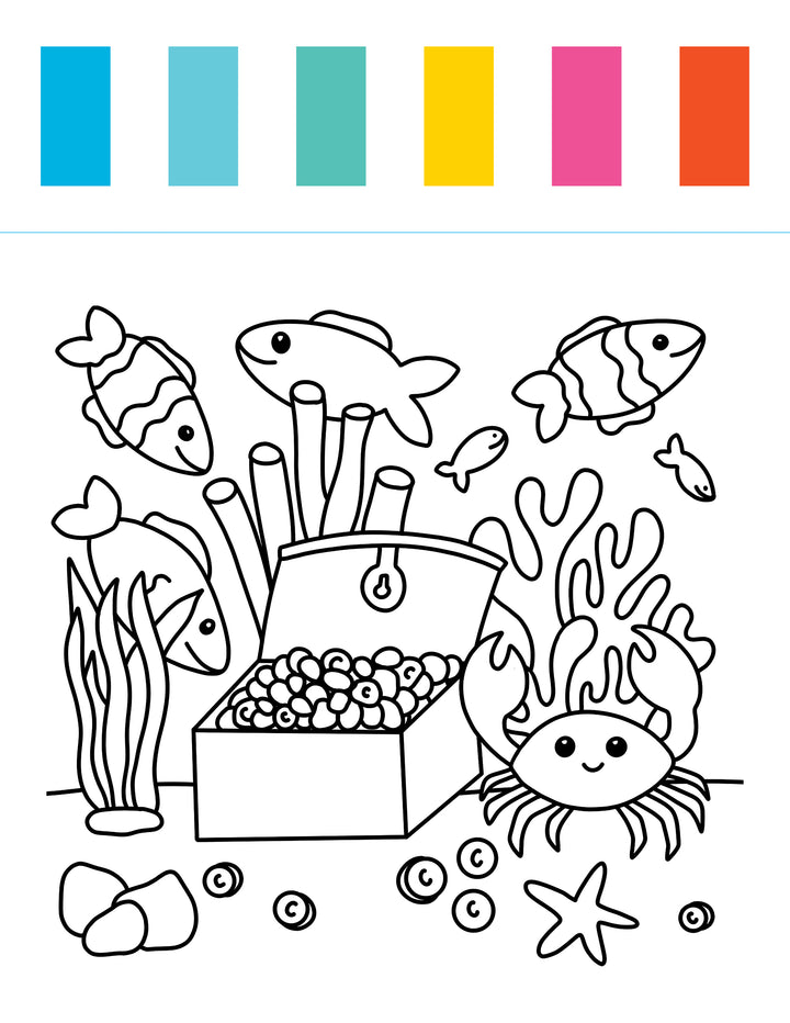 Dive into an underwater scene featuring fish, a crab, seaweed, and a treasure chest surrounded by gems and shells on the sandy ocean floor. Six vibrant color swatches (blue, teal, green, yellow, magenta, red) line the top—making this the perfect page from the I Heart Art Ocean Friends Watercolor Paint Pad by Schiffer Publishing, Ltd. for pairing with your child’s watercolor paints or mess-free art kit in a delightful ocean-themed painting adventure.