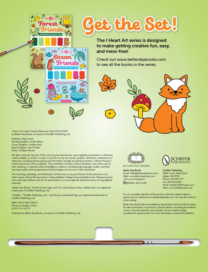 Two I Heart Art Forest Friends Watercolor Paint Pad covers from Schiffer Publishing, Ltd. display a charming orange fox and a butterfly next to a paintbrush on a green background, highlighting the collection’s whimsical forest designs. Celebrating creative art sets that inspire young creators with every kids’ painting book, the visuals feature website and publishing information.