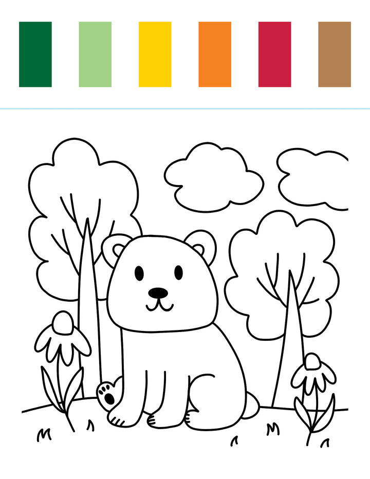 The I Heart Art Forest Friends Watercolor Paint Pad by Schiffer Publishing, Ltd. features a black and white illustration of a bear cub nestled among flowers and trees, inspired by charming forest designs. Six colored rectangles—green, light green, yellow, orange, red, and brown—are displayed above as a convenient palette, making this pad perfect for watercolor painting activities or as an art book for kids.