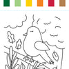 A delicate outline of a bird perched on a branch surrounded by autumn leaves under a cloudy sky is featured, accompanied by six color swatches—green, light green, yellow, orange, red, and brown—that capture the season’s vibrant palette. Perfect for sparking creativity in young artists using the “I Heart Art Forest Friends Watercolor Paint Pad” from Schiffer Publishing, Ltd., this charming forest-themed design offers endless inspiration for painting adventures.