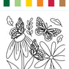 Coloring page from the I Heart Art Forest Friends Watercolor Paint Pad by Schiffer Publishing, Ltd. features two butterflies and two flowers with leaves above. At the top, six paint swatches—green, light green, yellow, orange, red, and brown—are displayed as color options. Perfect for any kids painting book or watercolor paint pad with whimsical forest designs.