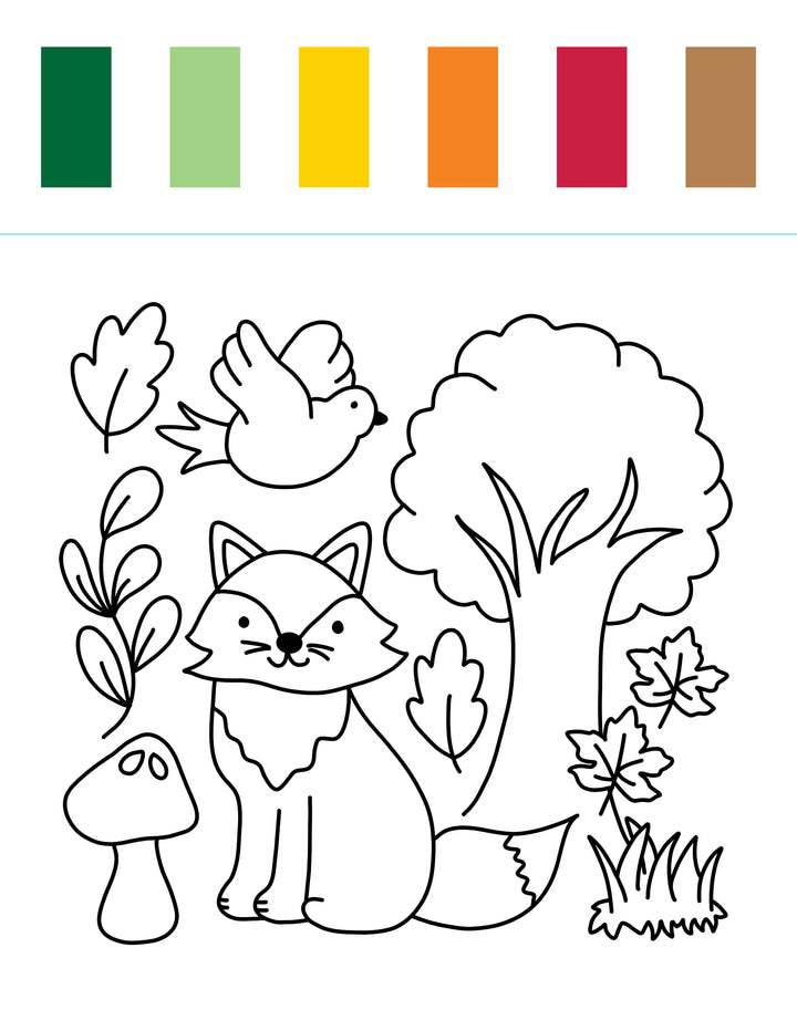 Line drawing of a fox, bird, tree, mushroom, and plants with six rectangular color swatches (green, light green, yellow, orange, red-orange, brown) above the illustration—perfect for inspiring creativity in any kids painting book or watercolor paint pad like the I Heart Art Forest Friends Watercolor Paint Pad by Schiffer Publishing, Ltd., featuring charming forest designs.
