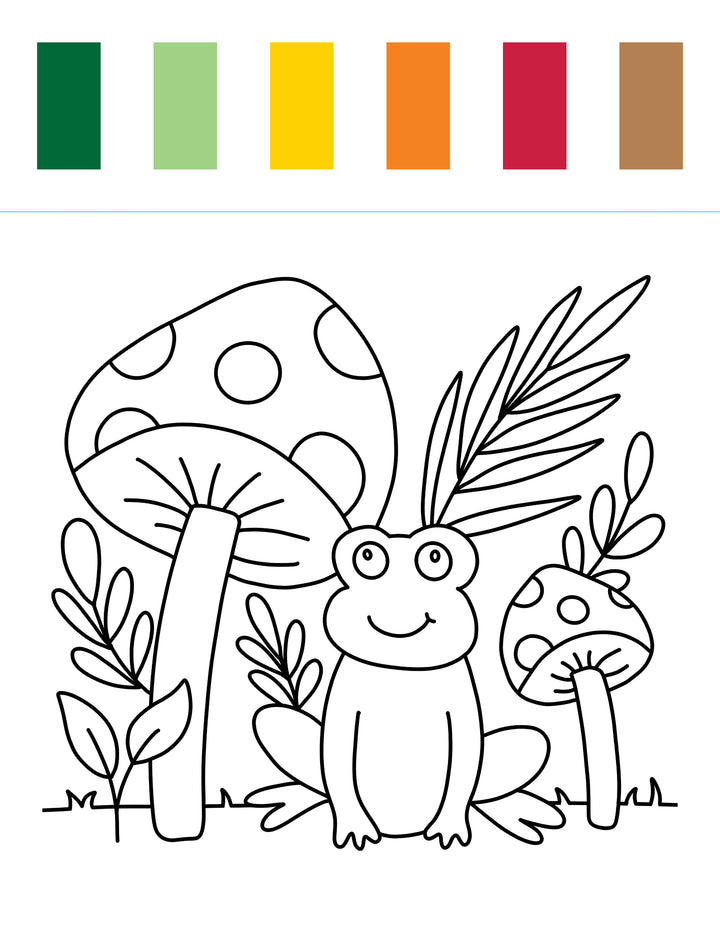 This delightful black-and-white line illustration from the I Heart Art Forest Friends Watercolor Paint Pad by Schiffer Publishing, Ltd. features a whimsical frog perched between two mushrooms surrounded by plants. Above the scene are six rectangular color swatches—dark green, light green, yellow, orange, red, and brown—perfect for inspiring creativity in children. Ideal for use as a kids painting book or watercolor paint pad.