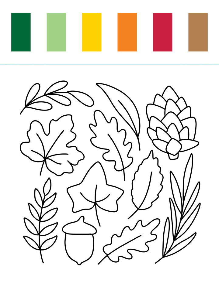 Six color swatches—green, light green, yellow, orange, red, and brown—appear above black-outlined drawings of autumn leaves, an acorn, and a pine cone on a white background. The I Heart Art Forest Friends Watercolor Paint Pad by Schiffer Publishing, Ltd. is perfect for kids’ painting projects; these forest-inspired designs encourage creativity and artistic exploration.