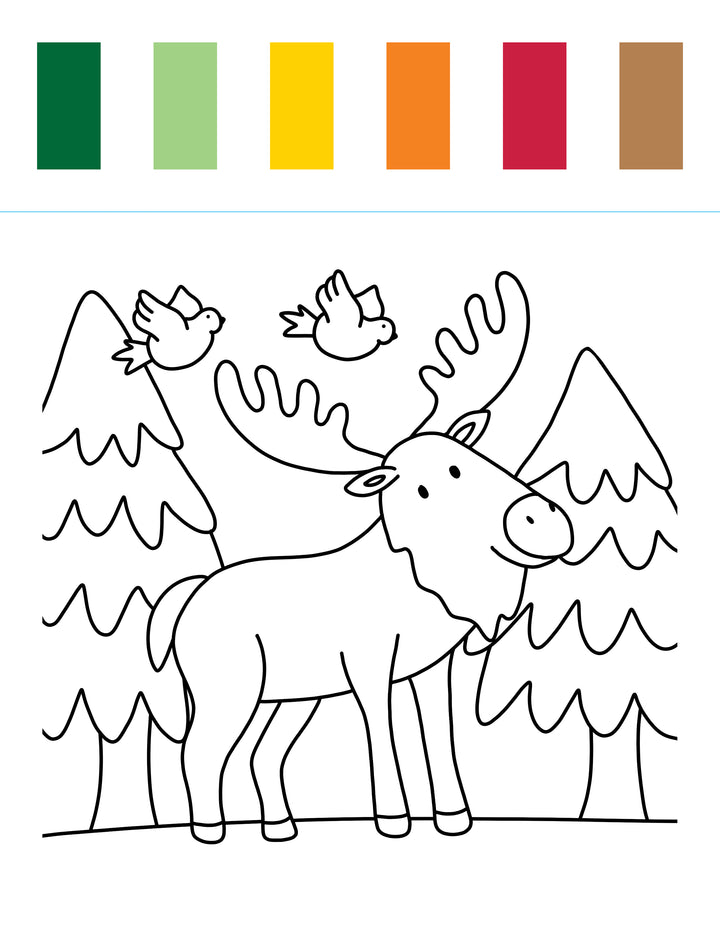 Bring charming forest scenes to life with the I Heart Art Forest Friends Watercolor Paint Pad from Schiffer Publishing, Ltd. This coloring page features a moose standing between trees and two birds soaring above, perfect for any children’s painting book with delightful woodland designs. At the top of the page, you’ll find six handy color swatches—dark green, light green, yellow, orange, red, and brown—making it ideal for experimenting with your favorite watercolors.