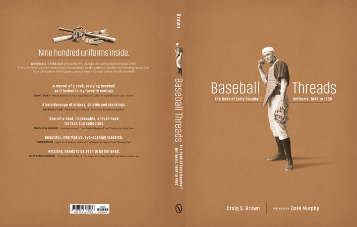 Flat book cover for Baseball Threads showing the front, back, and spine on a tan background, featuring historical photographs of early baseball uniforms and reviews from various authors.
