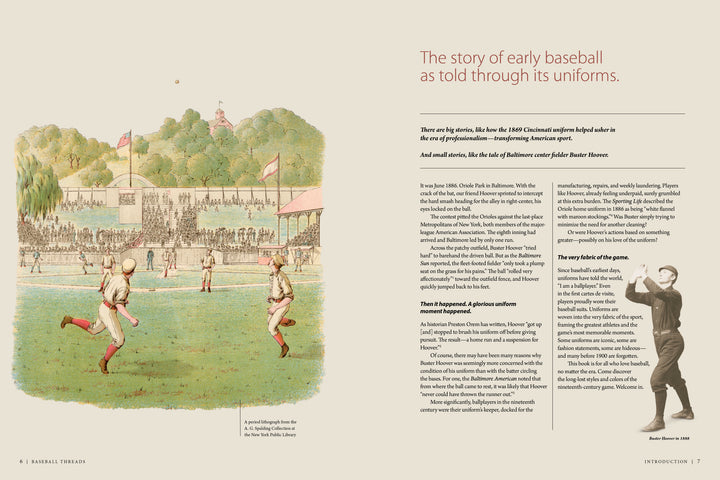 A vintage illustration on the cover of Baseball Threads by Schiffer Publishing, Ltd. depicts early baseball players on a grassy field with fans seated in wooden bleachers, perfectly capturing the spirit of pre-1900 baseball. Alongside, an article delves into early baseball uniforms, providing fascinating insights into this era of the sport’s history.