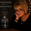 A woman with glasses rests her chin on her hand beside a copy of her memoir, Whispers from the Unknown, which features a dark forest scene reflecting her research into haunted locations and ghost encounters.