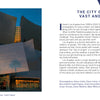 A double-page spread from the Los Angeles book, featuring a photograph of Walt Disney Concert Hall at sunrise on the left and introductory text about city landmarks on the right.