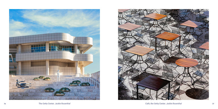 Two photos from the Los Angeles book: the white Getty Center museum building with sculptures on stone steps, and an overhead view of empty café tables and chairs casting long shadows.