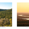 Texas Hill Country features two side-by-side photos: a winding road through the hilly, forested Balcones Canyonlands National Wildlife Refuge and a river curving through hills at sunset near Lake Travis and the Colorado River.