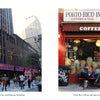 A split view from the New York City souvenir photo book showing Radio City Music Hall on a busy street corner on the left and the storefront of Porto Rico Importing Co. on the right.
