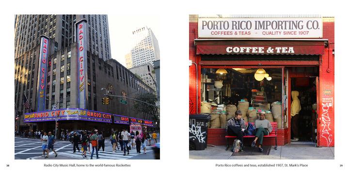 A split view from the New York City souvenir photo book showing Radio City Music Hall on a busy street corner on the left and the storefront of Porto Rico Importing Co. on the right.