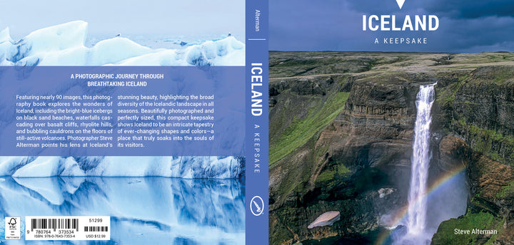 The Iceland book cover shows a waterfall and rainbow on the front and icebergs on the back, featuring a collection of volcanoes and waterfalls.