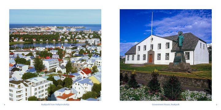 A high-angle view of colorful Reykjavik rooftops overlooking a bay, a white building, and a statue under a blue sky, featured in the Iceland photography book by Schiffer Publishing, Ltd.