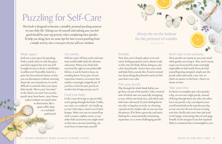 A magazine page titled “Puzzling for Self-Care” featuring text, small images of citrus, tea, and flowers, along with tips for making space, getting comfy, finding a good spot, and choosing an inspirational activity book such as MindfulMoments Word Search Inspired Living from Schiffer Publishing, Ltd.