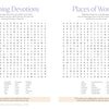 Two word-search puzzles titled Morning Devotions and Places of Worship are side by side, each featuring a grid of letters and a corresponding list of words to find. With its soft purple headings and light beige decorative accents, this page from Schiffer Publishing, Ltd.’s MindfulMoments Word Search Inspired Living is a comforting addition to any inspirational activity book or faith-inspired puzzle collection.