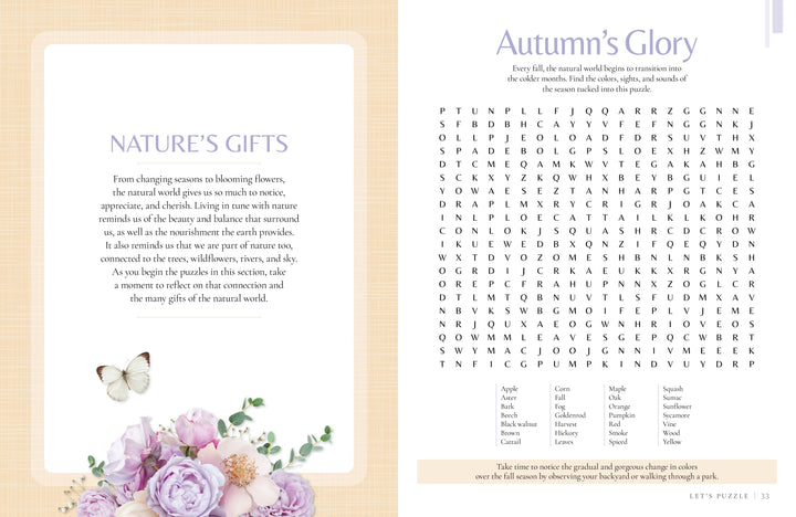 A two-page magazine spread: the left page showcases MindfulMoments Word Search Inspired Living by Schiffer Publishing, Ltd., featuring inviting text with a butterfly and flower graphic that encourages mindfulness activities; the right page contains an “Autumn’s Glory” word search puzzle framed by a decorative border—an ideal treat for fans of word-search puzzles.