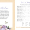 An open book from Schiffer Publishing, Ltd., titled MindfulMoments Word Search Inspired Living, displays a Love & Relationships section with flowers on the left page and an Acts of Service word search puzzle on the right. With its faith-inspired activities and light-colored patterned background, this puzzle book is perfect for quiet moments of reflection, inviting you to relax and find inspiration.