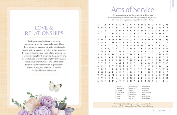 An open book from Schiffer Publishing, Ltd., titled MindfulMoments Word Search Inspired Living, displays a Love & Relationships section with flowers on the left page and an Acts of Service word search puzzle on the right. With its faith-inspired activities and light-colored patterned background, this puzzle book is perfect for quiet moments of reflection, inviting you to relax and find inspiration.