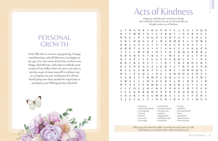Explore two pages from MindfulMoments Word Search Inspired Living by Schiffer Publishing, Ltd. The left page, adorned with butterflies and flowers, offers pastel-themed reflections on personal growth and encourages mindful moments throughout your journey. On the right page, enjoy an Acts of Kindness word-search puzzle alongside a prompt inviting you to create your own acts of kindness.
