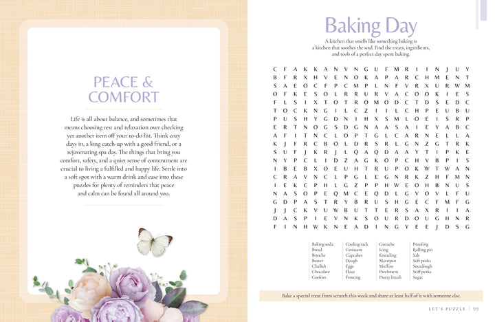 Left page: Uplifting text about peace, adorned with flowers and a butterfly, invites mindful moments; right page displays a Baking Day word-search puzzle with the word list beneath—all set against soft pastel hues in *MindfulMoments Word Search Inspired Living* by Schiffer Publishing, Ltd.
