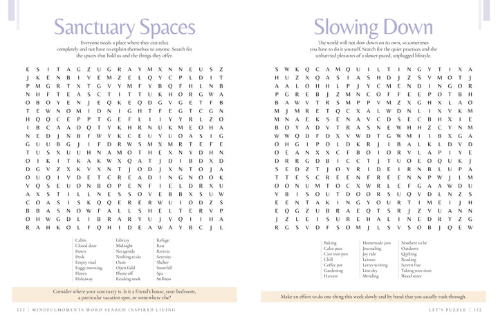 Two word-search puzzles from Schiffer Publishing, Ltd.’s MindfulMoments Word Search Inspired Living—titled Sanctuary Spaces and Slowing Down—are displayed side by side, encouraging thoughtful reflection. Each puzzle features a themed word list beneath its title and easy-to-follow instructions at the bottom of the page, making this an ideal addition to any faith-inspired puzzle collection.