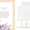 Experience a tranquil two-page spread from MindfulMoments Word Search Inspired Living by Schiffer Publishing, Ltd. The left page features uplifting “Gratitude & Joy” text, delicate butterfly and floral illustrations, and an inspiring gratitude message. On the right, immerse yourself in an Affirmations word search puzzle with a curated word list designed to encourage mindful reflection. Soft pastel tones create a calm and inviting atmosphere throughout this peaceful layout.
