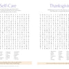 Two side-by-side word-search puzzles, titled Self-Care and Thanksgiving, are printed on a page in MindfulMoments Word Search Inspired Living by Schiffer Publishing, Ltd. This faith-inspired puzzle book presents each puzzle with a corresponding list of related words below its grid, enhanced by soft pastel headings and soothing design elements for mindful moments.