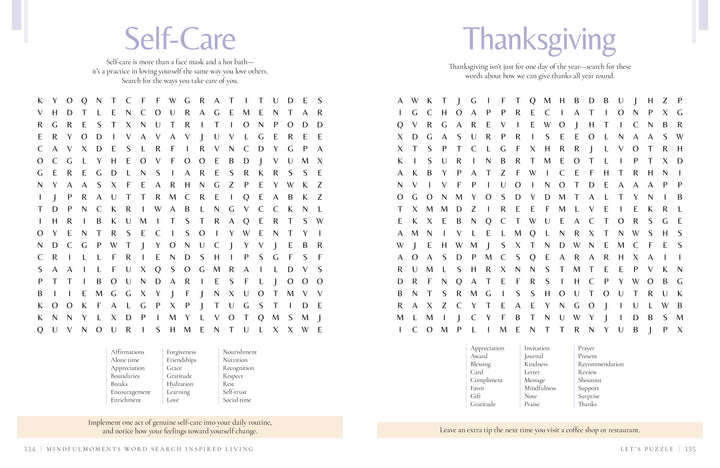 Two side-by-side word-search puzzles, titled Self-Care and Thanksgiving, are printed on a page in MindfulMoments Word Search Inspired Living by Schiffer Publishing, Ltd. This faith-inspired puzzle book presents each puzzle with a corresponding list of related words below its grid, enhanced by soft pastel headings and soothing design elements for mindful moments.