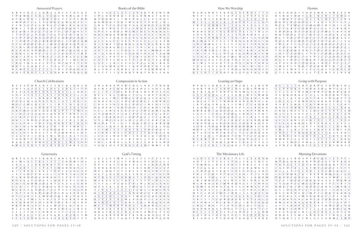 A 3x4 grid showcases twelve word-search puzzles from “MindfulMoments Word Search Inspired Living” by Schiffer Publishing, Ltd., each with a unique religious or spiritual theme. Every puzzle presents its title above a capital-letter grid on a clean white background, inviting thoughtful reflection as you solve these faith-inspired challenges.