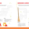 Two side-by-side farm puzzle pages from the KindKids Fun on the Farm Puzzle Book titled Making Jam and Morning Chores, featuring illustrated icons of a jam jar, fruit, a scrubbing brush, a broom, and a milk pail.