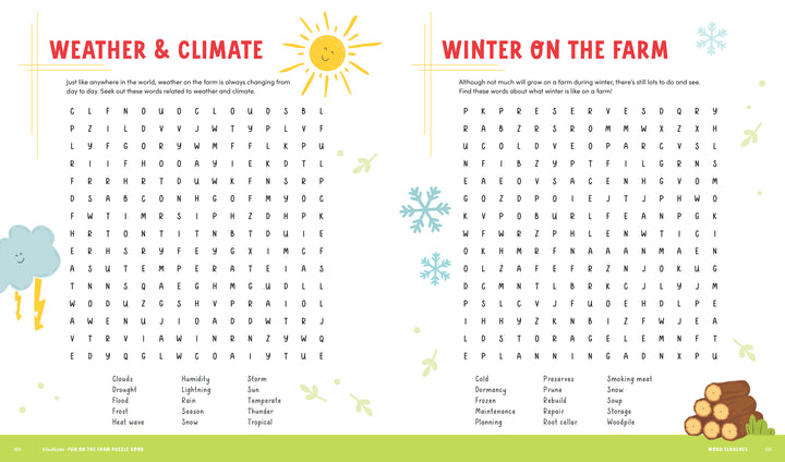 Two KindKids Fun on the Farm Puzzle Book word search pages titled Weather & Climate and Winter on the Farm, featuring illustrations of a sun, a lightning cloud, snowflakes, and a log pile.
