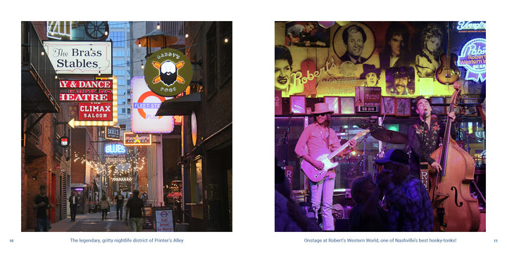 A side-by-side view for the Nashville photo book showing a narrow street lined with glowing neon bar signs and a musician playing guitar on a stage in a honky-tonk filled with framed portraits.
