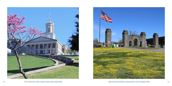 Two photos for the Nashville travel guide showing the Tennessee State Capitol and the historic stone ruins at Fort Negley Park.