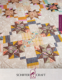 A colorful quilt featuring intricate star and cross patterns in shades of brown, beige, yellow, and pink, displayed on a light background with the Schiffer Craft logo at the bottom.