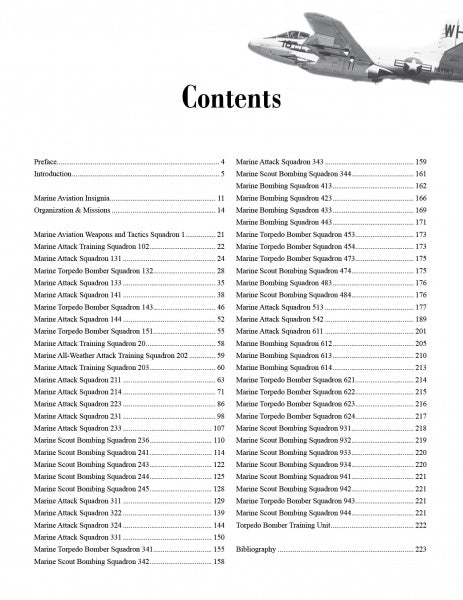 Table of contents for United States Navy and Marine Corps Aviation Squadron Lineage, Insignia, and History by Schiffer Publishing, Ltd., with a grayscale military aircraft image above chapters on Marine squadrons and aviation history; page numbers right-aligned.