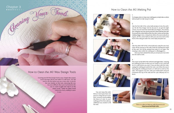 Wax on Crafts by Schiffer Publishing, Ltd. is a two-page guide by Miriam Joy showing how to clean wax design tools and a melting pot with step-by-step photos, instructions, and demonstrations using a paper towel.