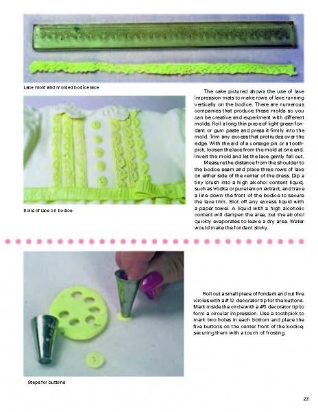 A page from "Cakes For All Occasions" by Schiffer Publishing, Ltd. shows how to create fondant lace and buttons using molds, cutters, and piping tips on light green fondant—ideal for stylish cake decorating.